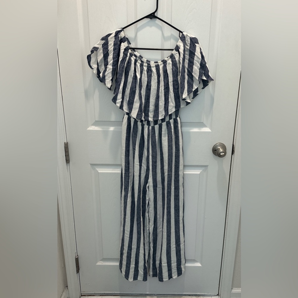 Audrey 3+1 Navy and Off White Striped Off-Shoulder Jumpsuit